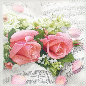  HomeFashion Cocktail-Servietten; 25 x 25 cm; Flower Symphony: Rosen und Noten; rosa-weiß; 111316; 3-lagig; 1/4-Falz (quadratisch); Zelltuch 