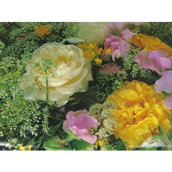  Papier-Stein Lack-Geschenkpapier, extrafest; 70 x 100 cm; Rosenarrangement mit diversen Blumen; gelb - weiß - lila - grün 