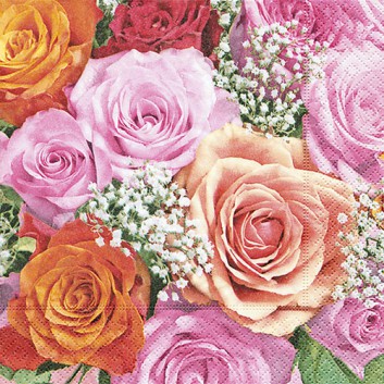 Paper + Design Servietten; 33 x 33 cm; Bridal rose: Rosenblüten; rosa-apricot-weiß-rot; 200053; 3-lagig; 1/4-Falz (quadratisch); Zelltuch 