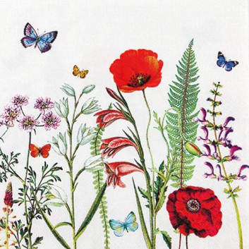  HomeFashion Servietten; 33 x 33 cm; Meadow in Bloom: Blütenwiese; bunt auf weiß; 211809; 3-lagig; 1/4 Falz (quadratisch); Zelltuch 