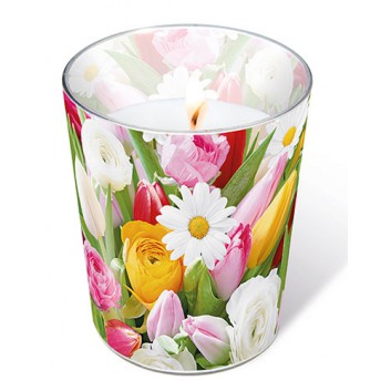  Paper + Design Dekor-Kerze/Windlicht-Glas; Colourful greetings: Fotomotiv Tulpen; weiß-gelb-rosa-grün; Durchmesser 7/8,5 cm / Höhe 10,5 