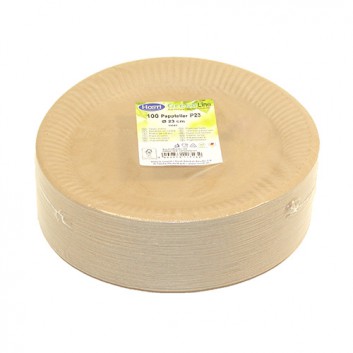  Pappteller, rund - braun +Fettbarriere; 23 cm; braun; Kraftkarton FSC-Mix mit Fettbarriere; Rund; ideal für feuchte Speisen (Steak,Salate) 