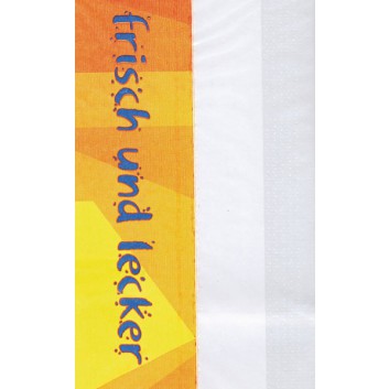  Take-away-Beutel, mit Sichtfenster; 14 + 6 x 32 cm; mit Text 'frisch & lecker'; blau-orange-gelb; Zellulose weiß + PP genadelt 