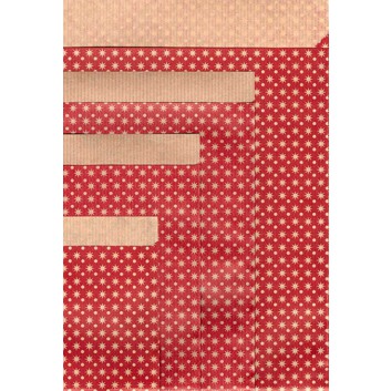  Präsent-Flachbeutel aus Papier; 4 Formate; Sternenminis & Pünktchen; rot auf naturbraun; ca. 20 mm; Kraftpapier braun, enggerippt; ca. 60 g/qm 