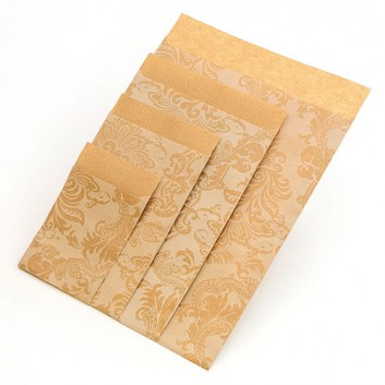  Papier-Stein Präsent-Flachbeutel aus Papier; 13 x 18 + 2 cm; Design: Venezia; weiß auf naturbraun; ca. 20 mm; Kraftpapier braun, enggerippt 