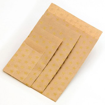  Präsent-Flachbeutel aus Papier; 4 Formate; Design: Stars, gold; gold auf naturbraun; ca. 20 mm; Kraftpapier braun, enggerippt; ca. 60 g/qm 