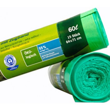  Secolan Müllsack mit Zugband - Blauer Engel; 60 Liter; grün; 100% recyceltes LDPE, flüssigkeitsdicht; 64 x 71 cm; Breite x Höhe; Rolle a 15 Säcke 