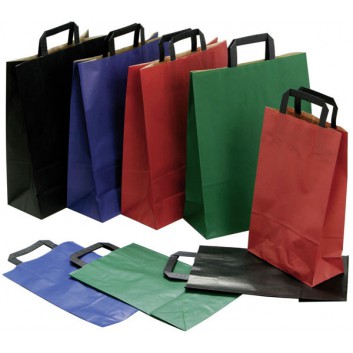  Papier-Tragetaschen, 4 Basisfarben; 22 + 10 x 36 cm / 32 + 14 x 42 cm; uni; blau / grün / rot / schwarz; mit flachem Papierhenkel; Papier 