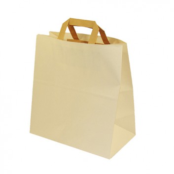  Papier-Tragetasche - Calima (Zuckerrohr); 26 + 17,5 x 24,5 cm; unbedruckt; sandbeige-gesprenkelt; mit flachem Recy-Papierhenkel in braun 