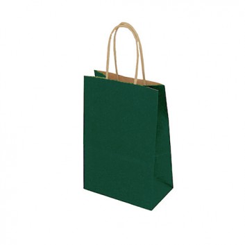  Papier-Tragetaschen mit Papierkordel; 14 + 8 x 21 cm; uni; grün: tannengrün; gedrehte Papierkordel in naturbraun; Kraftpapier enggerippt braun 