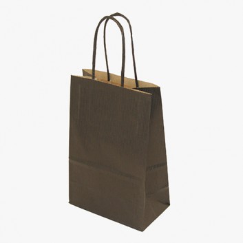  Papier-Tragetaschen mit Papierkordel; 14 + 8 x 21 cm; uni; schwarz; gedrehte Papierkordel in schwarz; Kraftpapier enggerippt braun; ca. 90 g/qm 