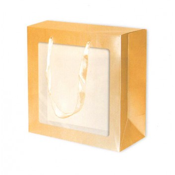  Bag-Box mit Sichtfenster und Satinband; 25 + 12 x 25 cm; uni; gold; Sichtfenster und Satinband; Papier glanzplastifiziert; ca. 190 g/qm 