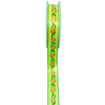  Geschenkband -AKTION Abverkauf; 25 mm x 20 m; Funny: Tulpen; 010 = gelb-orange; Textilband; ohne Draht; 100 % Polyester 