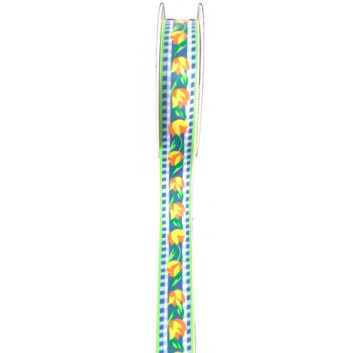  Geschenkband - AKTION Abverkauf; 25 mm x 20 m; Funny: Tulpen; 35 = blau-grün-orange-gelb; Textilband; ohne Draht; 100 % Polyester 