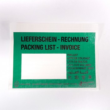  Begleitpapiertasche aus Pergaminpapier; C6q: 162 x 120 mm - lange Seite offen; Lieferschein/Rechnung mehrsprachig; grün mit schwarzem Text 
