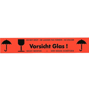  Warnrolle, selbstklebend; Vorsicht Glas, mehrsprachig; 50 mm x 66 m; orangerot; PVC 55my gesamt, Naturkautschukkleber 