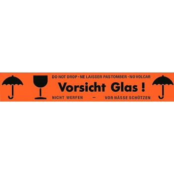  Warnrolle, selbstklebend; Vorsicht Glas, mehrsprachig; 50 mm x 66 m; leuchtorange; PP low noise 53my gesamt, Acrylatkleber 
