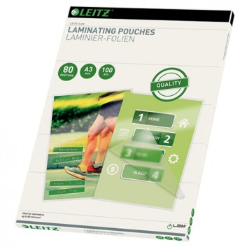  LEITZ Laminierfolie/Folientasche; 426 x 303 mm; DIN A3; 80 Micron; glänzende Oberfläche; Ethyl-Vinyl-Acetat; 100 Folien; abgerundete Ecken 