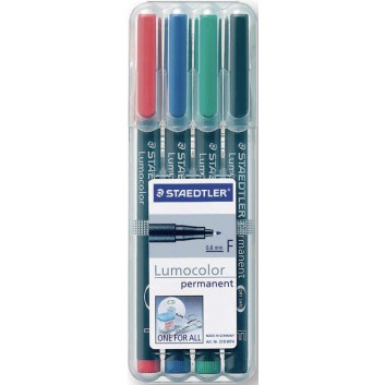  STAEDTLER Lumocolor Folienstifte-Set permanent; 4-farbig sortiert in aufstellbare Box; F = fein, ca. 0,6 mm; Rundspitze 