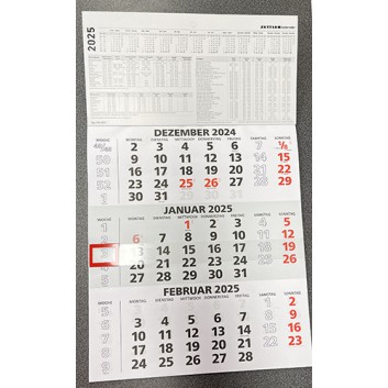  ZETTLER Dreimonatskalender - 1 Block; Druck: schwarz-rot; 29,7 x 48,8 cm incl. Kopfleiste; 3 Monate = 1 Blatt; 9560011 