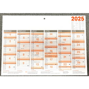  Glocken Tafelkalender A4; kein Einband; 29,7 x 21 cm; 6 Monate = 1 Seite; 50-11317; Karton 250g/m², Druck schwarz-rot; Arbeitstagezählung; 2025 