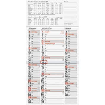  Brunnen Dreimonatskalender, Spaltenform; Druck: schwarz-rot, Fond: grau; 30 x 64 cm; 3 Monate = 1 Seite; 1070280; mit rotem Datumschieber 