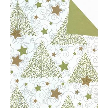  Weihnachts-Geschenkpapier, Großrolle; 50 cm x 250 m / 70 cm x 250 m; Christmas Tree: Tanne + Sterne; petrol-gold auf weiß - Rücks: petrol-uni 