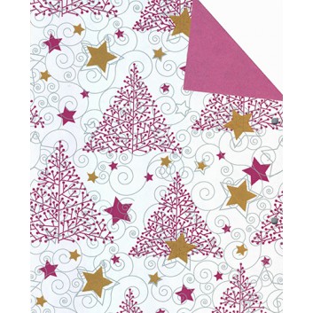  Weihnachts-Geschenkpapier, Großrolle; 50 cm x 250 m / 70 cm x 250 m; Christmas Tree: Tanne + Sterne; weinrot-gold auf weiß-Rücks: weinrot-uni 