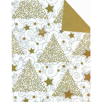  Weihnachts-Geschenkpapier, Großrolle; 50 cm x 250 m / 70 cm x 250 m; Christmas Tree: Tanne + Sterne; gold-weiß auf weiß - Rückseite: gold-uni 