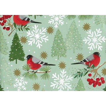  Weihnachts-Geschenkpapier, Großrolle; 50 cm x 200 m / 70 cm x 200 m; Natur: Vogel(Gimpel), Kiefer, Beeren; rot-weiß-gold auf salbeigrün; 49351 