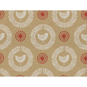  Weihnachts-Geschenkpapier, Recycling; 50 cm x 200 m / 70 cm x 200 m; Vogel im Kranz; weiß-rot auf braun; 49506 
