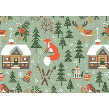  Braun & Company Weihnachts-Geschenkpapier, Deluxe; 70 cm x 2 m; Hüttenzeauber, grün(Fuchs); grün-natur; 26622; Papier; Röllchen auf 34mm-Papphülse 