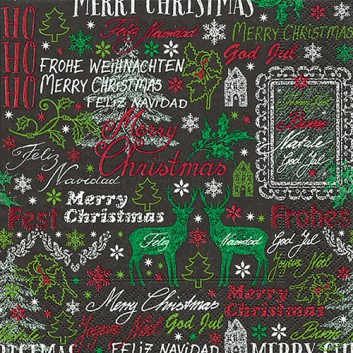 Paper + Design Weihnachts-Cocktail-Servietten; 25 x 25 cm; Cardboard greetings; rot-grün-weiß auf schwarz; 500044; 3-lagig; 1/4 Falz (quadratisch) 