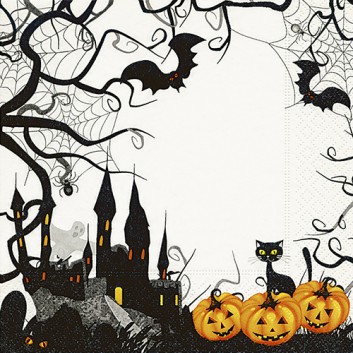  Paper + Design Servietten; 33 x 33 cm; Spooky Halloween; weiß-schwarz-orange; 200741; 3-lagig; 1/4 Falz (quadratisch); Zelltuch 