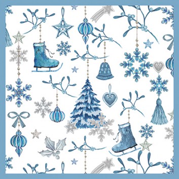  HomeFashion Weihnachts-Servietten; 33 x 33 cm; Winter Collection: Schlittschuhe etc.; blau-grau-weiß; 612105; 3-lagig; 1/4 Falz (quadratisch) 