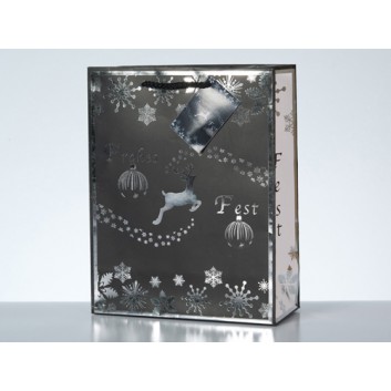  Weihnachts-Präsent-Tragetasche; 18 + 8 x 23 cm; Rentier; silber-schwarz; eingeknüpfte Kordel und Anhänger; 200 g/qm Papier 