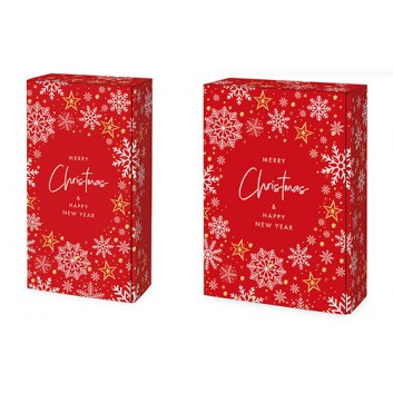  Präsent-Flaschenkarton für Postversand; für 2 oder 3 Flaschen; Schneeflocken & Eiskristalle; rot-weiß-gold / innen: weiß; glatte Oberfläche 