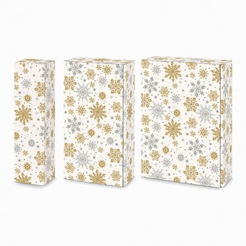  Präsent-Flaschenkarton für Postversand; für 1, 2 oder 3 Flaschen; Eiskristalle; gold und silber auf weiß; Strukturkarton 