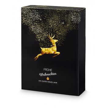  Präsent-Flaschenkarton für Postversand; für 3 Flaschen; Goldhirsch + Text: Frohe Weihnachten; gold auf schwarz; glatte Oberfläche 