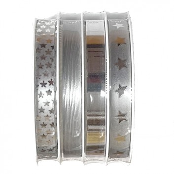  GoldiDecor Weihnachts-Multispule; 10 mm x 20 m (4 x 5 m); Sternchen/Glitter/Metallic/Sterne; silber; Z457 099; Poly-Ringelband/Kräuselband 
