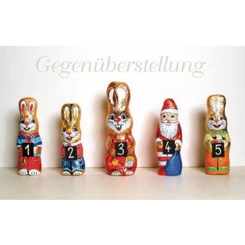  Sü Weihnachtskarte/Osterkarte, Humor; 120 x 190 mm; Fotomotiv: Nikolaus contra Osterhase; rot-gold-blau-grün; CLW_483; Querformat 