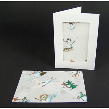 folia Passepartout mit winterlichem Kuvert; P: weiß, Kuvert: Schneemänner; DIN A6 hoch; Kuvert transparent, naßklebend; 3 Karten + 3 Kuverts 