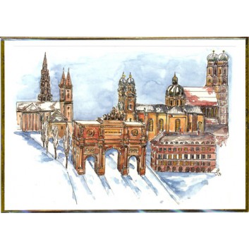  Winter-Glückwunschkarte, ohne Text; 117 x 163 mm; München: Aquarell: Kirchtürme; Rand = Goldprägung; Querformat; weiß, naßklebend, Spitzklappe 