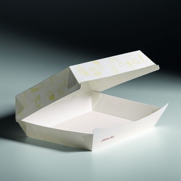  Meal Box XXL Greet weiß Clamshell; Boden: 200 x 150 x 75 /oben: 229 x 178mm; Greet, weiß; weiß mit Druck in gelb 