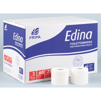  fripa Toilettenpapier, Edina 60-Rollen/Pack; 3-lagig; hochweiß; 250 Blatt; 100% Zellstoff; PEFC/04-31-1342; plastikfrei verpackt 