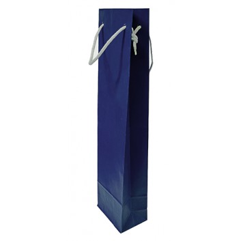  1er Flaschentragetasche mit Kordel; 9,5 + 6,4 x 38 cm; für 1 Weinflasche; uni, enggerippt; blau; mit Baumwollkordel in weiß 
