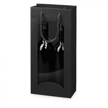  2er Sekt-Flaschentragetasche +Fenster; 17 + 8,5 x 36 cm; für 2 Sektflaschen; uni, Strukturprägung seidenmatt; schwarz, innen: schwarz 