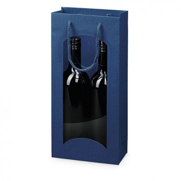  2er Sekt-Flaschentragetasche +Fenster; 17 + 8,5 x 36 cm; für 2 Sektflaschen; uni, Strukturprägung seidenmatt; dunkelblau, innen: dunkelblau 
