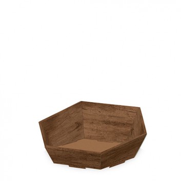  Präsentkorb 6-eckig, klein; Country: Holzoptik, dunkelbraun; 29 x 27 x 6 / 10,5 cm; Wellpappe glatt, Offsetdruck+Mattlack; 6-eckig 
