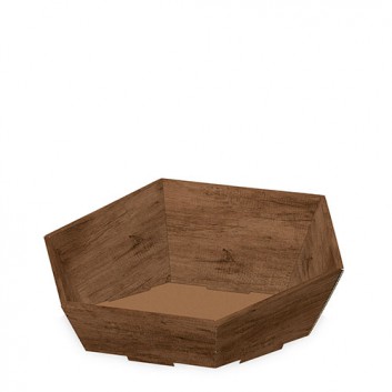  Präsentkorb 6-eckig, midi; Country: Holzoptik, dunkelbraun; 38 x 34 x 7,5 / 13 cm; Wellpappe glatt, Offsetdruck+Mattlack; 6-eckig 